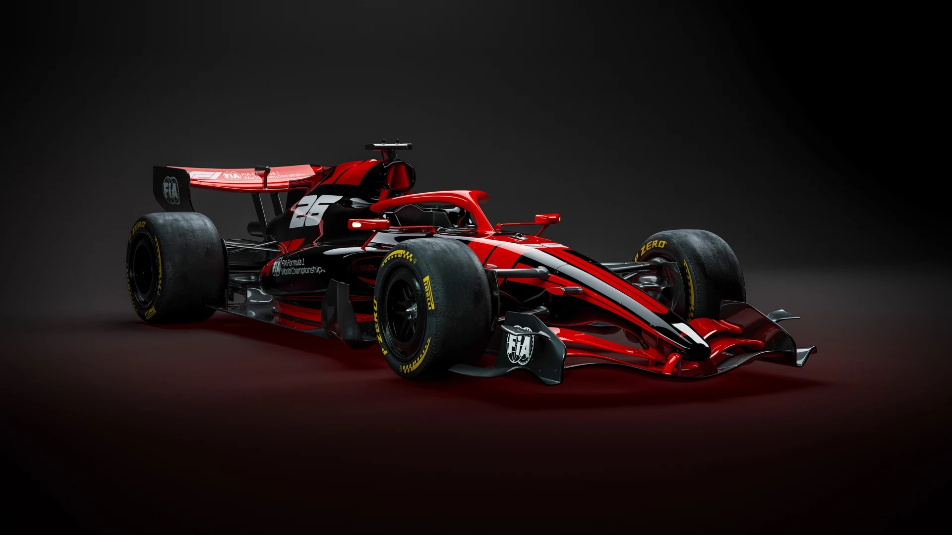 A 3/4 view render of a 2026 F1 car featuring a red and black livery. The car is shown on a matching red and black gradient background.